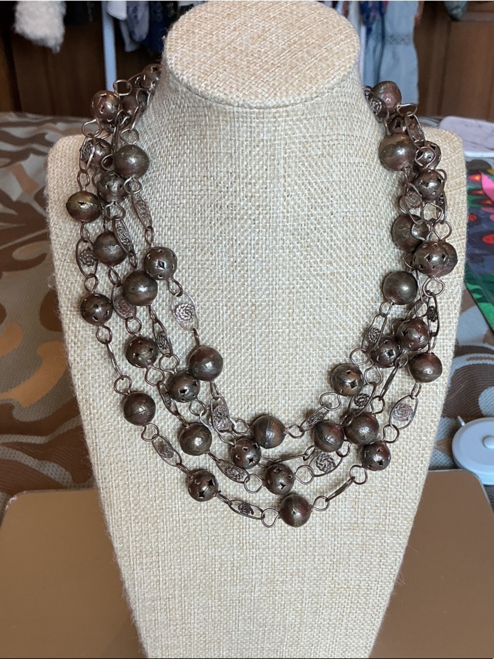 Bronze Metal Filagree Bead Necklace